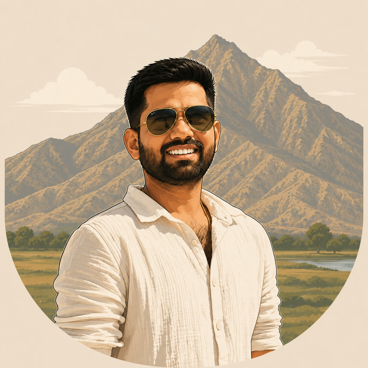 Illustrated portrait of Aish, smiling in aviator sunglasses